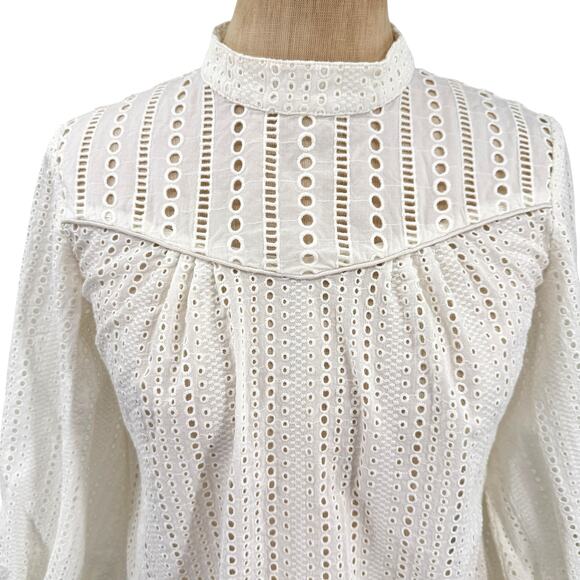Banana Republic White Eyelet Mock-Neck Peasant Blouse 3/4 Sleeves Size Small - Picture 3 of 7